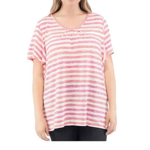 B COLLECTION BOBEAU Women Top Plus Sz 2X Coral White Stripe Flutter Short Sleeve - Picture 2 of 10